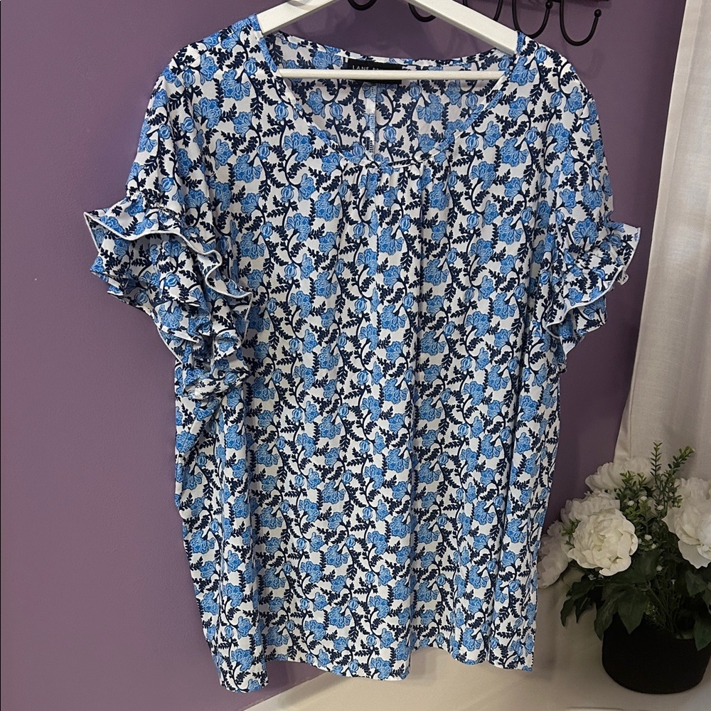 Lane Bryant Blue and White Floral Ruffle Sleeve Blouse